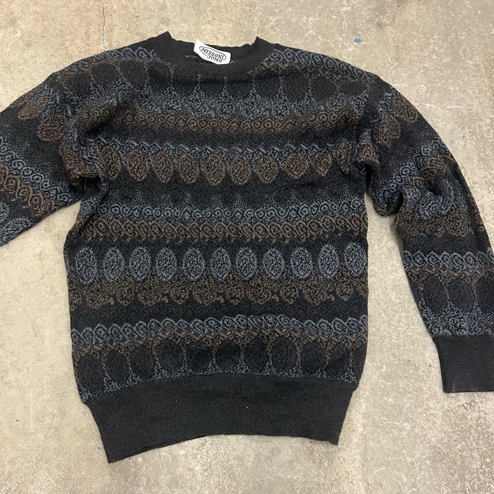 Missoni Uomo Men Wool Black And Brown Patterned Crewneck Sweater Vtg